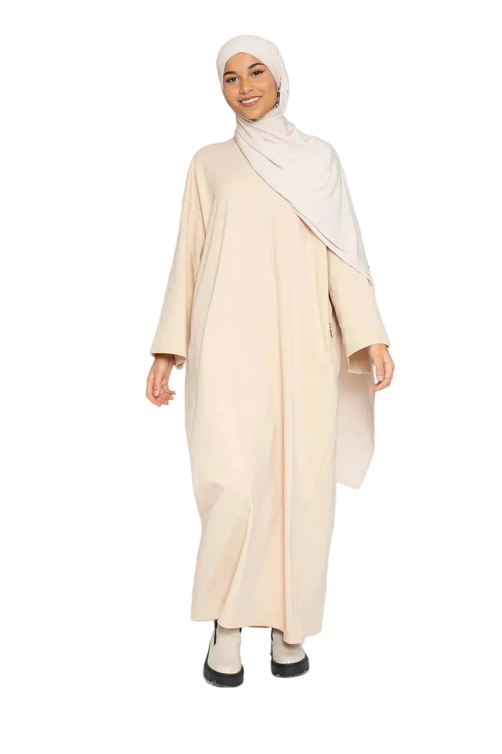 Robe sweat manche large beige pour jeune fille modeste