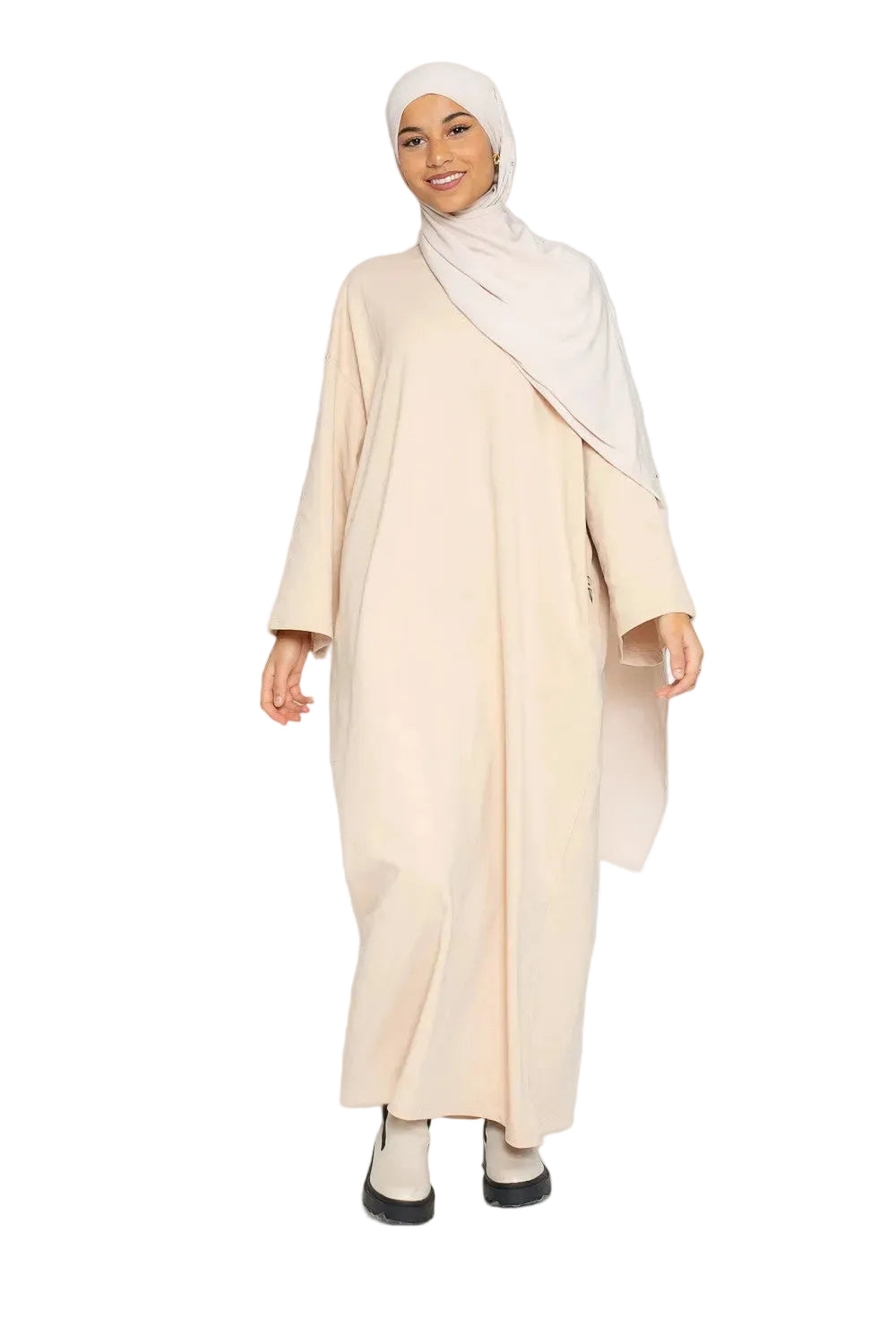 Robe sweat manche large beige pour jeune fille modeste