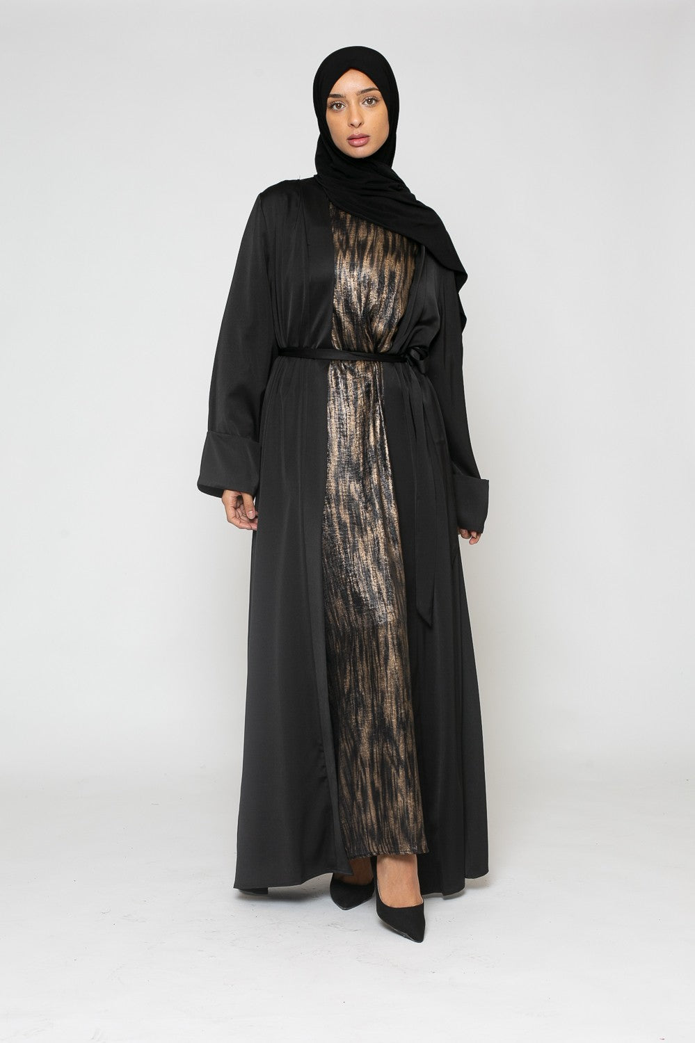 Kimono abaya satin premium noir pour femme musulmane