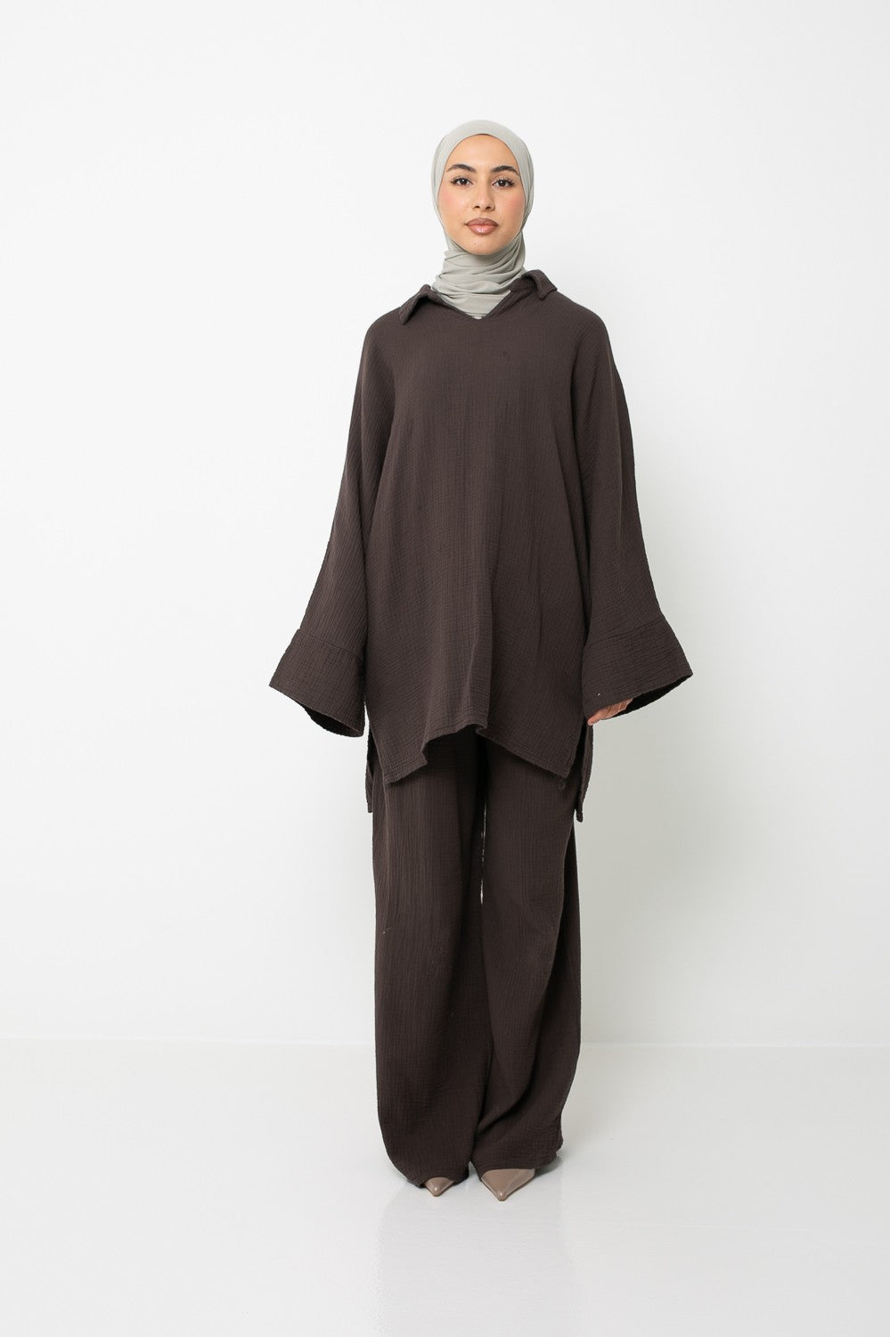 Ensemble ample en gaz de coton. Pantalon et haut ample et long. Collection printemps été. Boutique hijab musulmane.