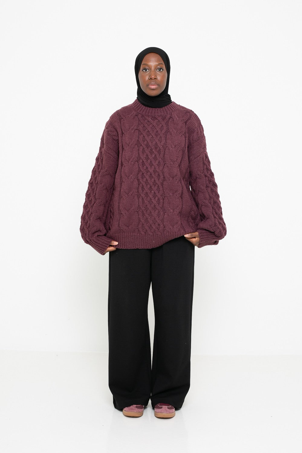pull grosse maille torsade Burgundy. Boutique musulmane pour femme musulmane