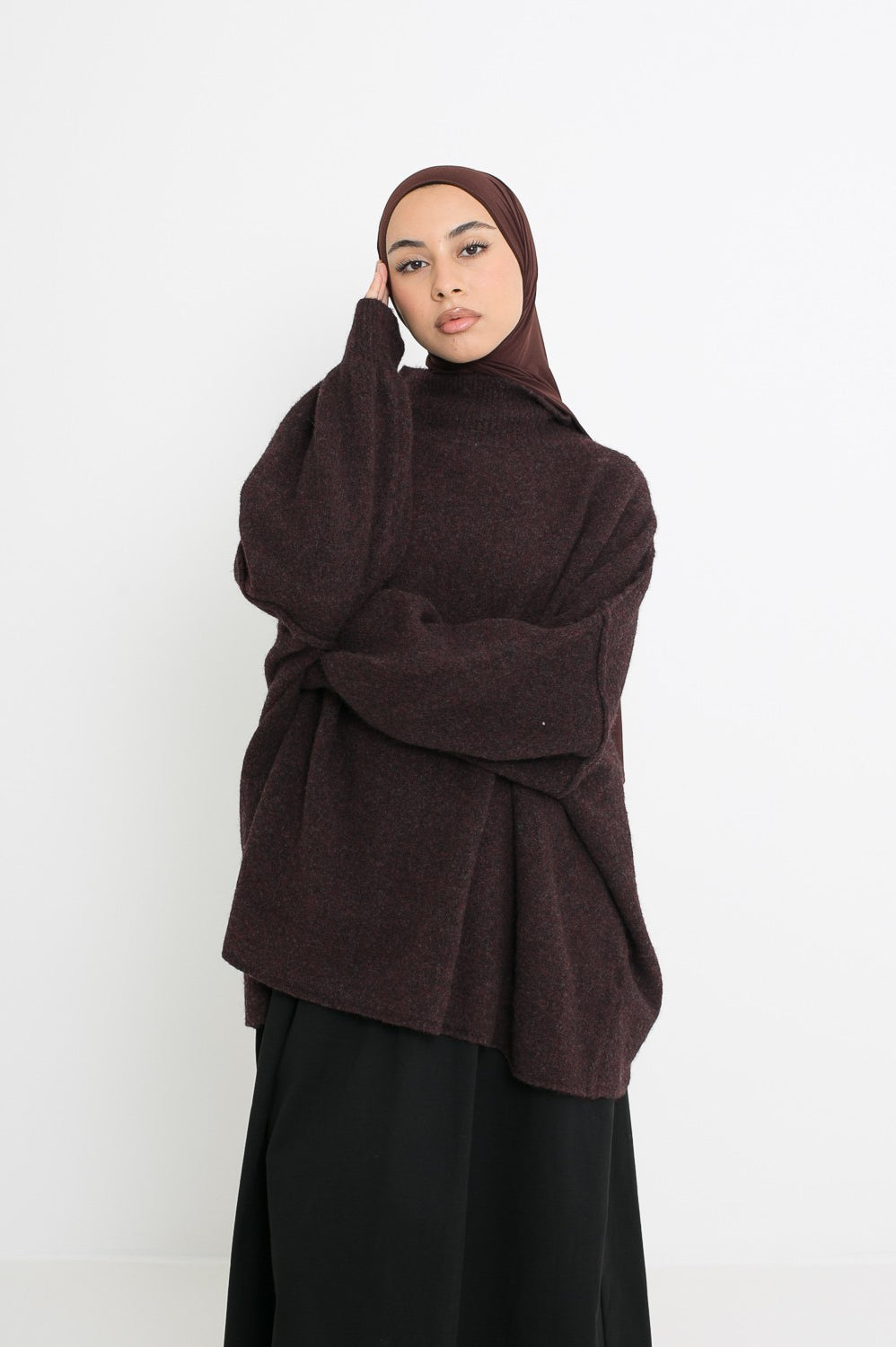 Pull ample en laine marron pour femme musulmane