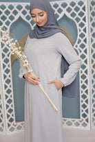 Robe longue mastoura coupe évasée gris clair boutique hijab pour femme musulmane