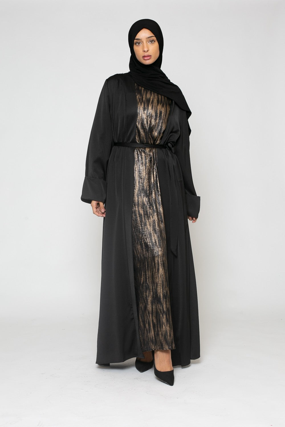 Kimono abaya satin premium noir pour femme musulmane