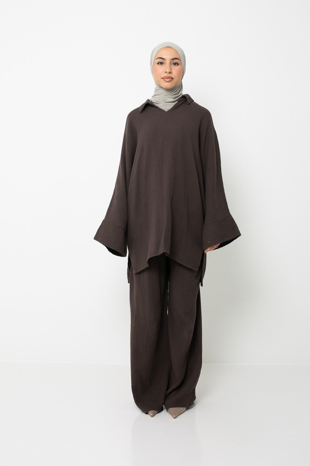 Ensemble ample en gaz de coton. Pantalon et haut ample et long. Collection printemps été. Boutique hijab musulmane.