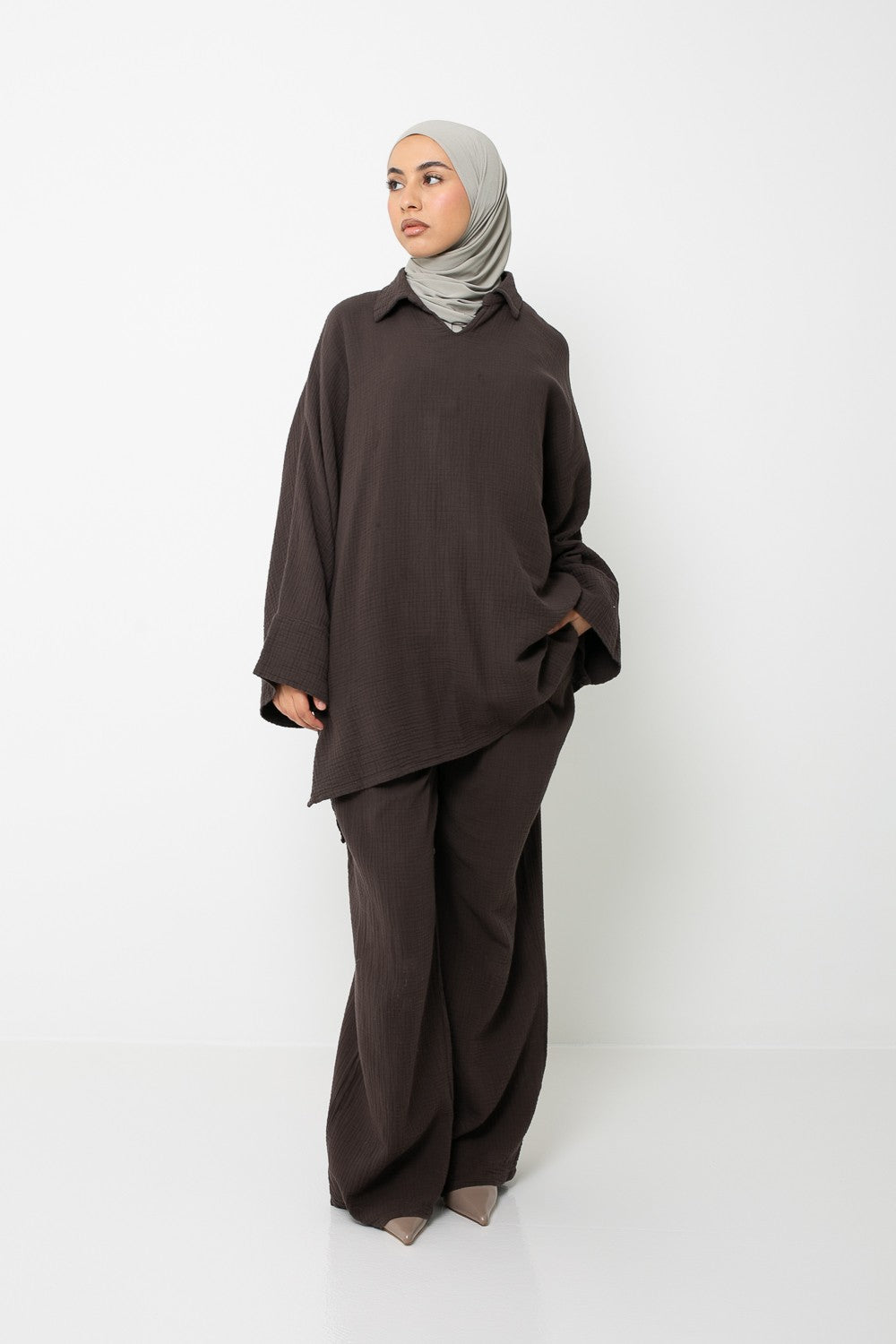 Ensemble ample en gaz de coton. Pantalon et haut ample et long. Collection printemps été. Boutique hijab musulmane.