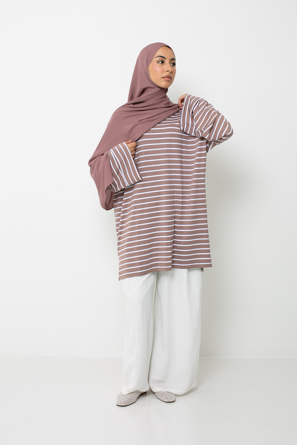 Haut ample marinière taupe pour femme modeste musulmane