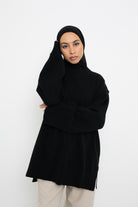 Pull ample en maille noir détail manche et col pour femme musulmane