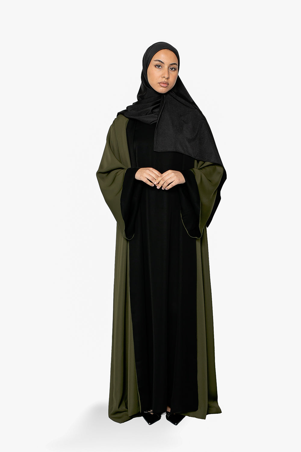 Abaya réversible kaki et noir pour femme musulmane. Ramadan 2026.